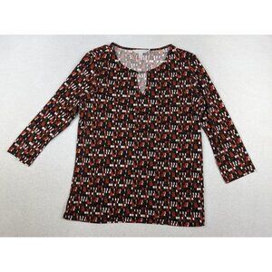 LAURA ASHLEY - WOMEN'S BROWN & ORANGE PRINT 3/4 SLEEVE STRETCH KNIT TOP - SIZE S